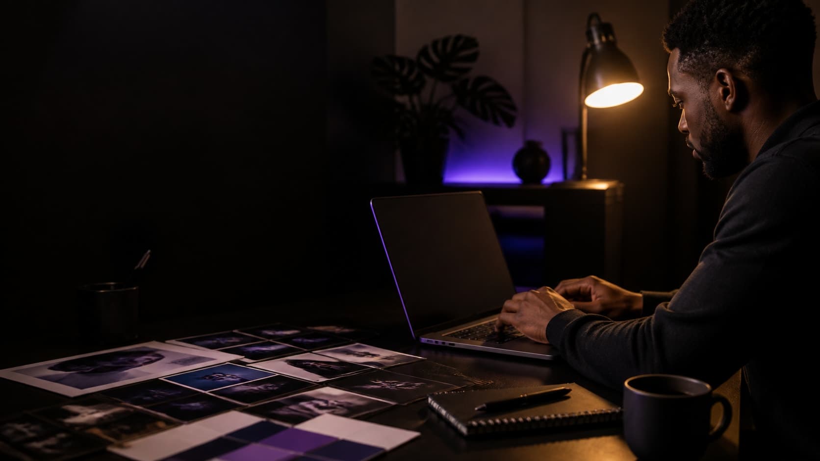 A Black strategist working on a Brand Bio at a laptop in a dark workspace.